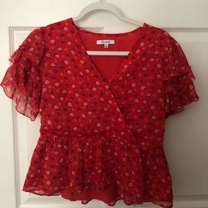Madewell Red Ruffle Sleeve Floral Top